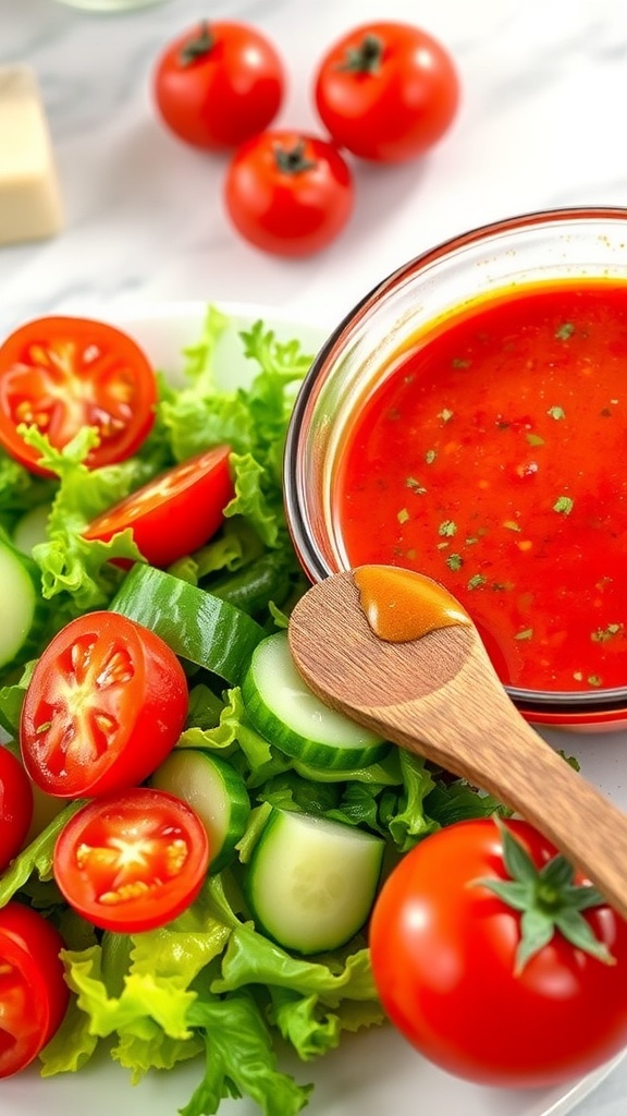 Homemade Tomato Dressing Recipe A bowl of homemade tomato dressing drizzled over a fresh salad with greens and tomatoes.